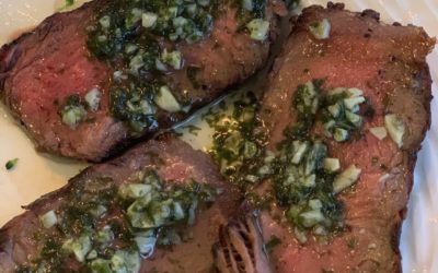 Grilled Steak with Sale’ Moniguo, A Garlic and Basil Sauce